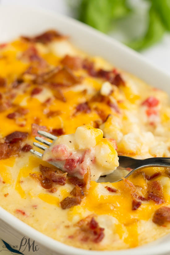 This Hominy Au Gratin casserole recipe is easy to make and super creamy. Hominy Au Gratin is an old fashioned southern staple that is a tasty and filling cheese and bacon topped side dish. Comfort food at it's best. A Casserole with bacon.
