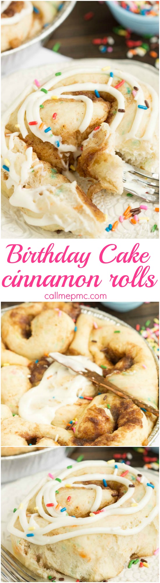 Tender and fluffy Birthday Cake Cinnamon Rolls is like having birthday cake for breakfast! Fun, festive, easy to make, and they taste heavenly! This recipe is definitely one you want to have on your breakfast roster! collage of homemade cinnamon rolls