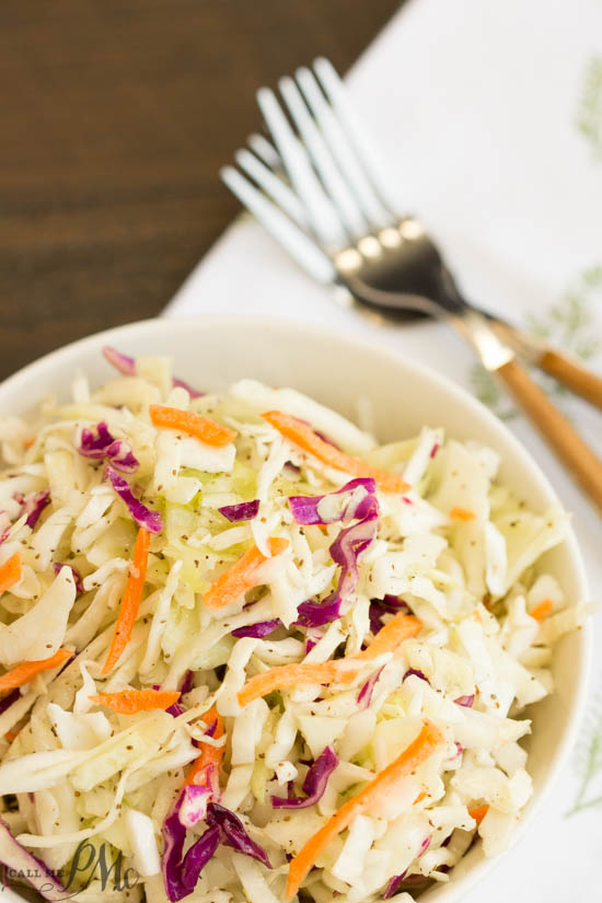 A basic cole slaw recipe, Tangy Vinegar Based Slaw is zippy and crunchy flavored with a little heat and a pinch of sweet. Tangy Vinegar Based Slaw