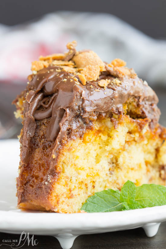 Cake Mix Butterfinger Pound Cake with Chocolate Ganache is a buttery and tender cake loaded with Butterfinger candy bars.