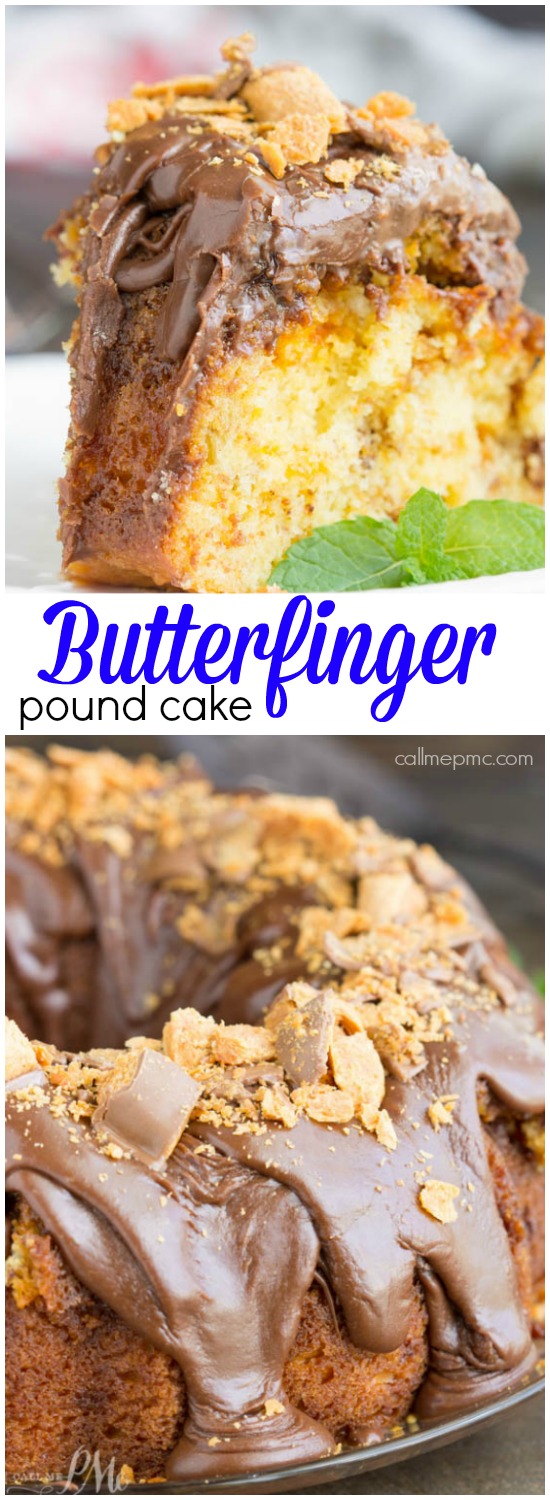 Cake Mix Butterfinger Pound Cake with Chocolate Ganache recipe. A rich butter cake is absolutely filled with crushed Butterfinger candy bars then topped with chocolate ganache and more candy bars.