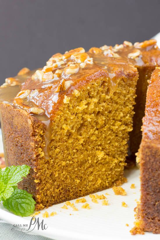 Praline Glazed Pumpkin Pound Cake recipe- I made this tonight for a party and everyone was FIGHTING over it! Dessert with slice missing.