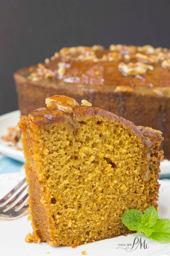 Praline Glazed Pumpkin Pound Cake -This delicious and moist pumkin spice pound cake will be the talk of your next potluck!