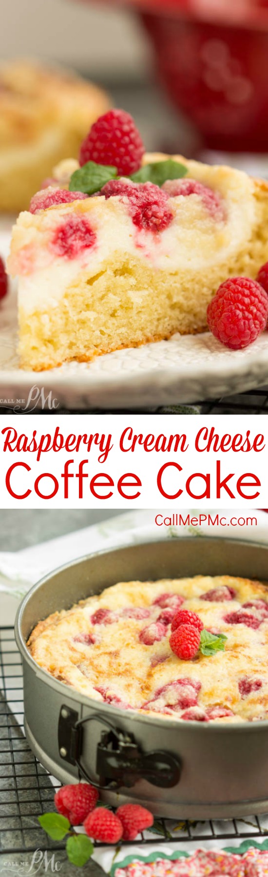Raspberry Streusel Cream Cheese Coffee Cake is moist and tender with a ribbon of cream cheese and fresh raspberries running through it