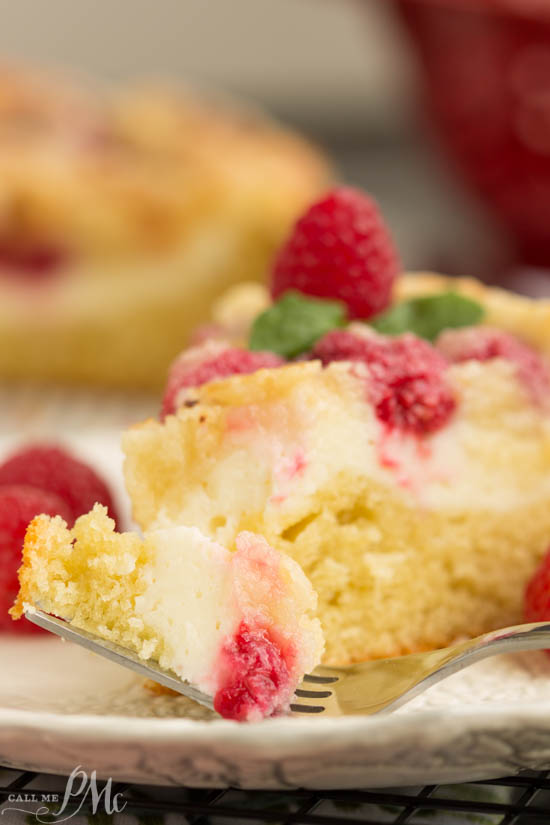 Raspberry Streusel Cream Cheese Coffee Cake is moist and tender with a ribbon of cream cheese and fresh raspberries running through it