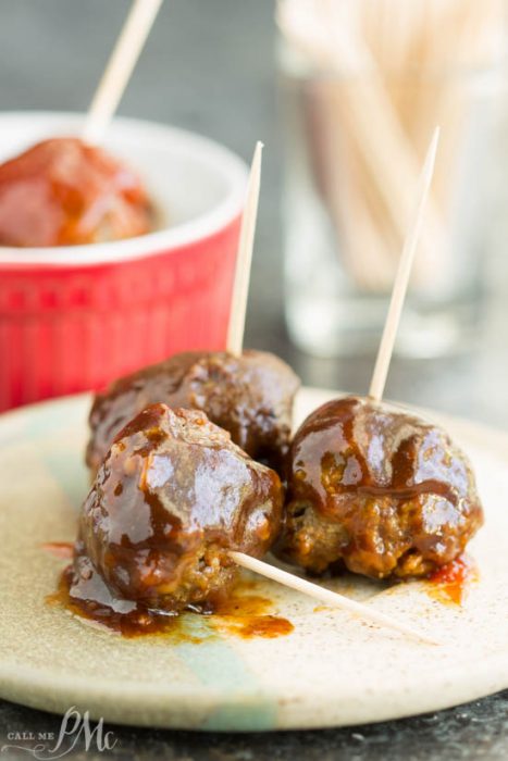 whiskey meatballs on a plate.