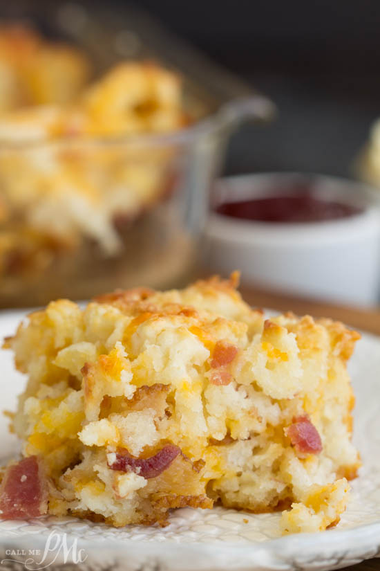 Every bite of these Bacon Cheese Butter Pan Biscuits is full of flavor from the bacon and cheese. One square of biscuits with ham and cheese