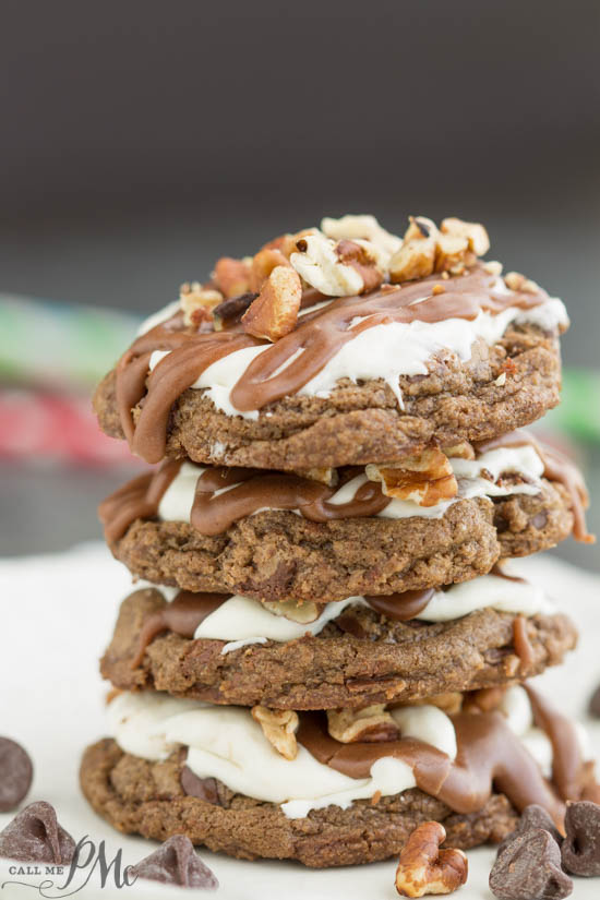 Mississippi Mud Cookies with Marshmallow Fluff and Chocolate Frosting is a delectable fudge cookie recipe topped with creamy marshmallow fluff frosting, rich chocolate ganache, and salted toasted pecans. @bobsredmill #50StatesofCookies AD Mississippi Mud Cookies with Marshmallow Fluff and Chocolate Frosting