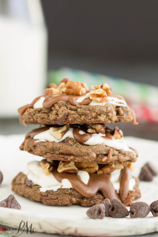 Stack of three chocolate cookies.