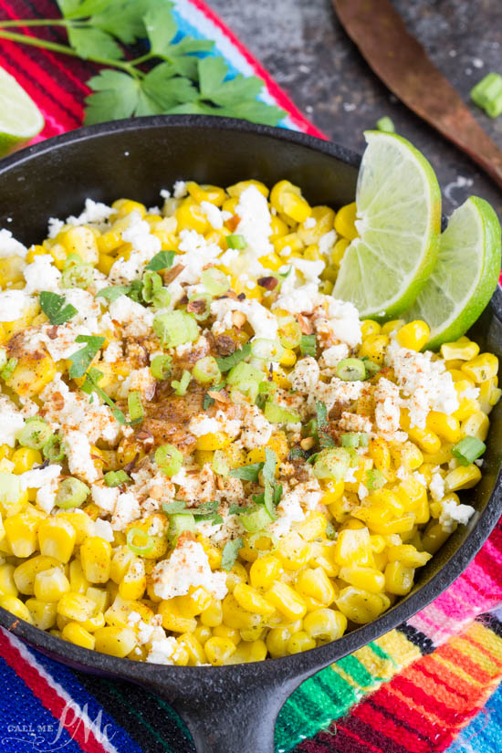 Skillet Mexican Street Corn Recipe is corn off the cobb served Mexican style it's smothered with a creamy spread and topped with feta cheese, cilantro, and green onions. Skillet Mexican Street Corn