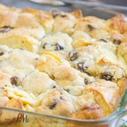 Bread pudding dessert in a glass baking dish.