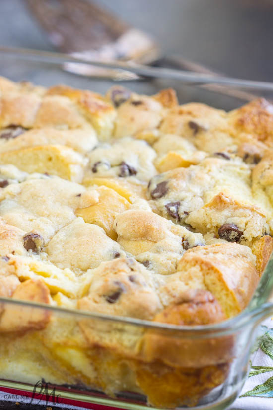 Bread pudding dessert in a glass baking dish.