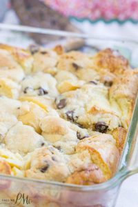 Chocolate chip cookie dough bread pudding in a glass baking dish.