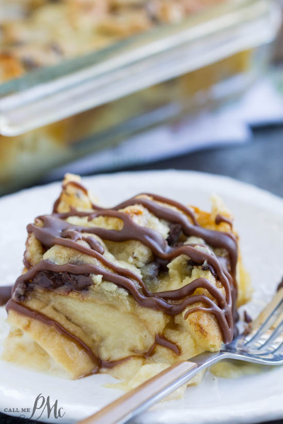 Chocolate Chip Cookie Dough Bread Pudding is indulgent meets comfort in this easy yet rich and satisfying dessert! Slice of baked dessert drizzled with melted chocolate.