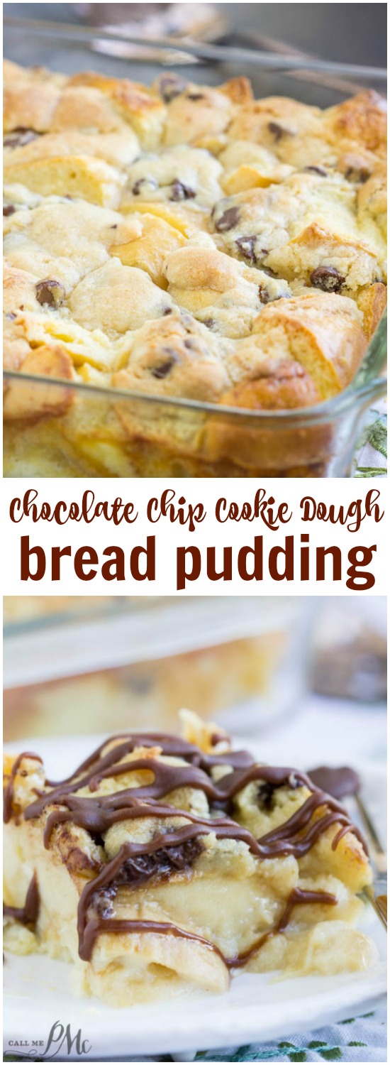 Chocolate Chip Cookie Dough Bread Pudding is indulgent meets comfort in this easy yet rich and satisfying dessert! titled graphic for chocolate bread pudding recipe.