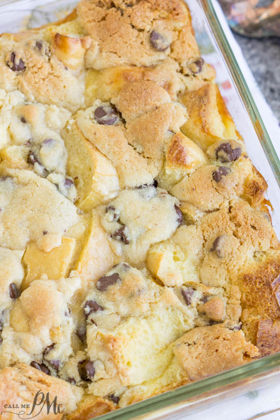 Chocolate Chip Cookie Dough Bread Pudding is indulgent meets comfort in this easy yet rich and satisfying dessert! Baked cookie dough dessert in a glass baking dish.