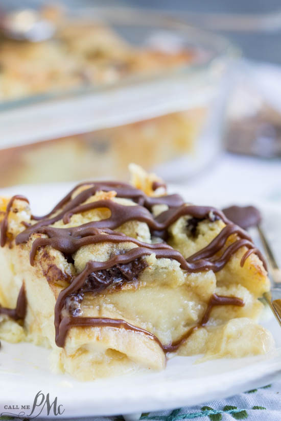 Chocolate Chip Cookie Dough Bread Pudding is indulgent meets comfort in this easy yet rich and satisfying dessert! Plated indulgent dessert made with bread and custard.