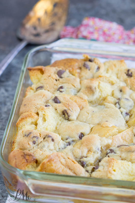 Chocolate chip cookie dough bread pudding in a baking dish.