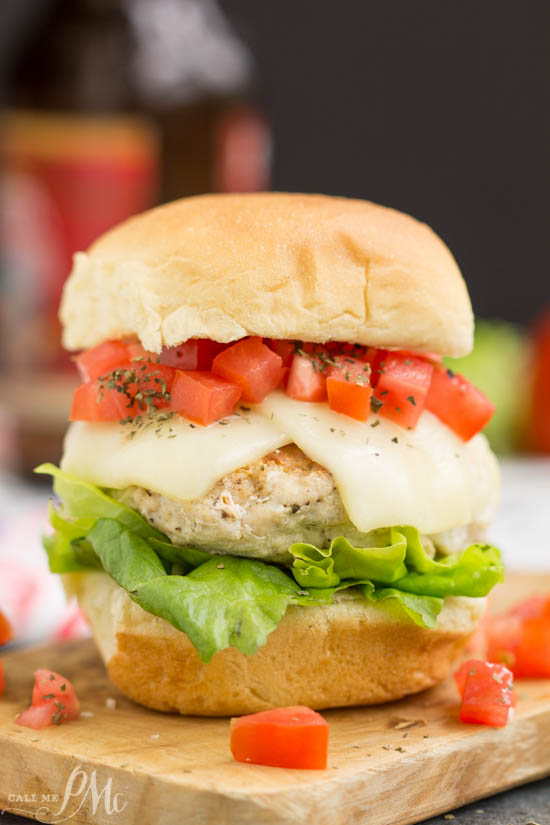 Bruschetta Turkey Burger Sliders ground turkey burgers are topped with the classic tomato bruschetta and mozzarella cheese and balsamic mayonnaise.