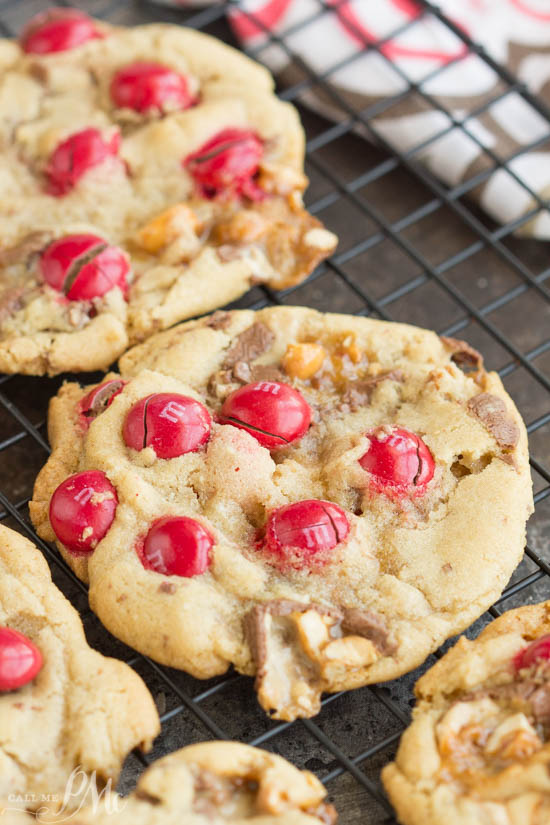 chocolate, dessert, recipe. Peanut Butter M&M Snickers Cookies are soft and chewy cookies I filled with peanut butter M&M candies and chopped Snickers candy bars. They are the ultimate sugar rush! Peanut Butter M&M Snickers Cookies