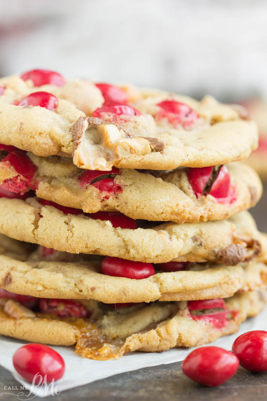 dessert, cookies, recipe. snack. Peanut Butter M&M Snickers Cookies are soft and chewy cookies I filled with peanut butter M&M candies and chopped Snickers candy bars. They are the ultimate sugar rush! Peanut Butter M&M Snickers Cookies