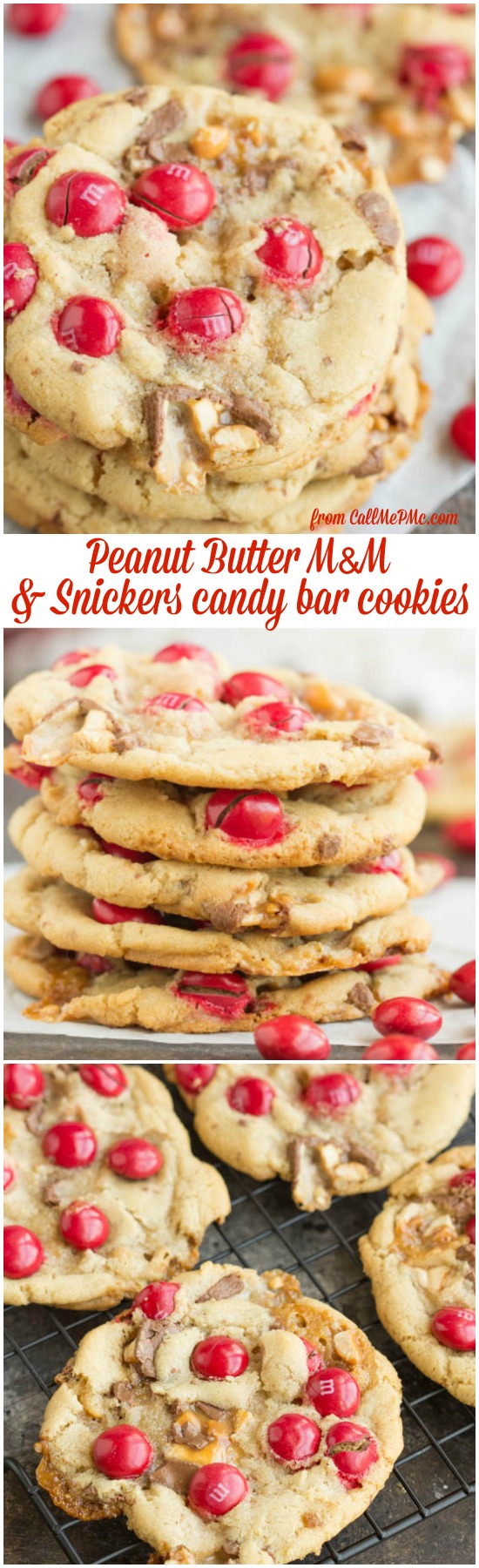 Peanut Butter M&M Snickers Cookies are soft and chewy cookies I filled with peanut butter M&M candies and chopped Snickers candy bars. They are the ultimate sugar rush! 