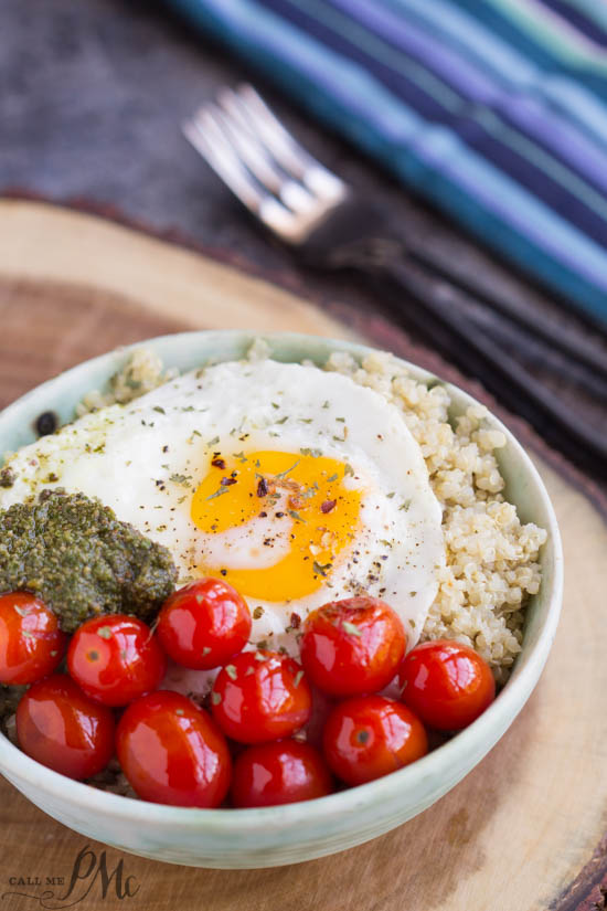 Blistered Grape Tomatoes and Pesto Quinoa Bowl is a simple, delicious, and nutritious entree recipe.