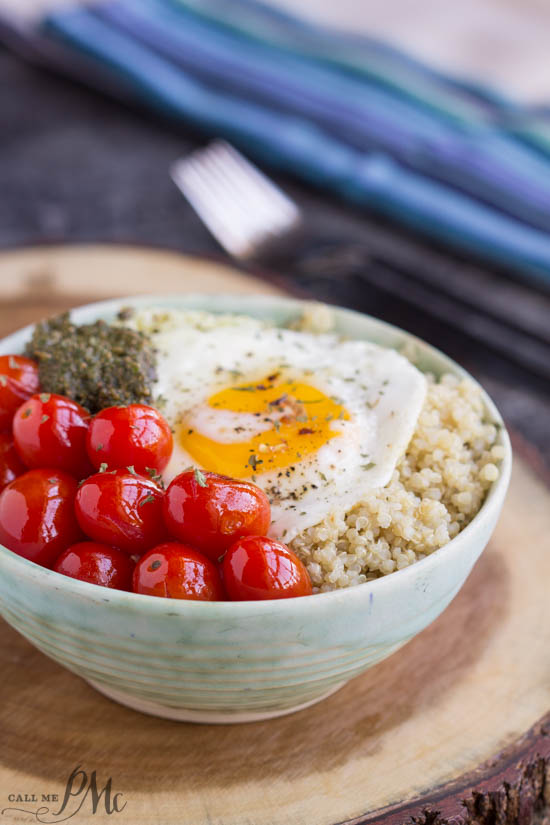 Blistered Grape Tomatoes and Pesto Quinoa Bowl is a simple, delicious, and nutritious entree recipe.