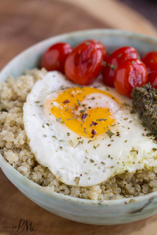 Blistered Grape Tomatoes and Pesto Quinoa Bowl is a simple, delicious, and nutritious entree recipe.