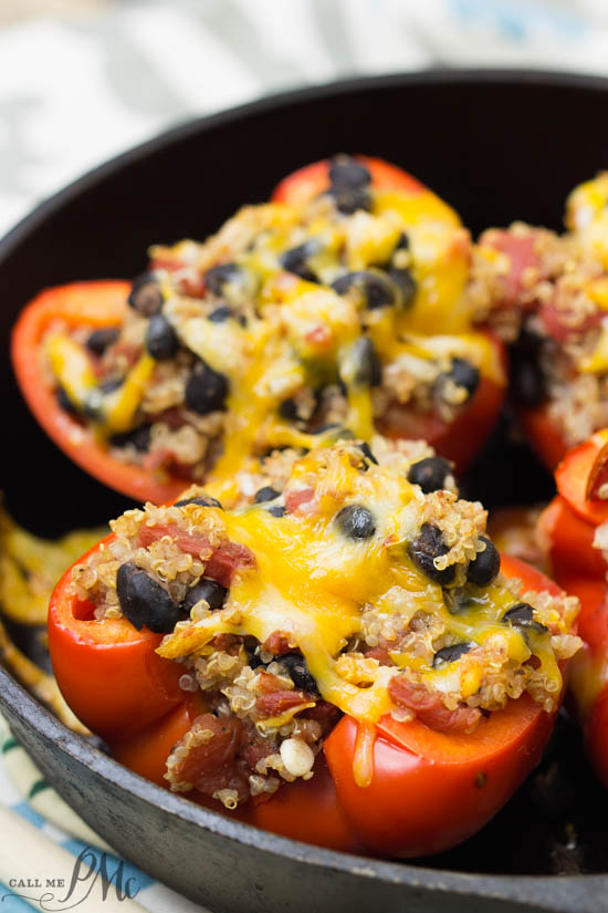 Southwestern Quinoa Stuffed Bell Peppers is a Tex Mex flavored healthy meatless entree recipe that's full of protein, vegetables, and grains. 