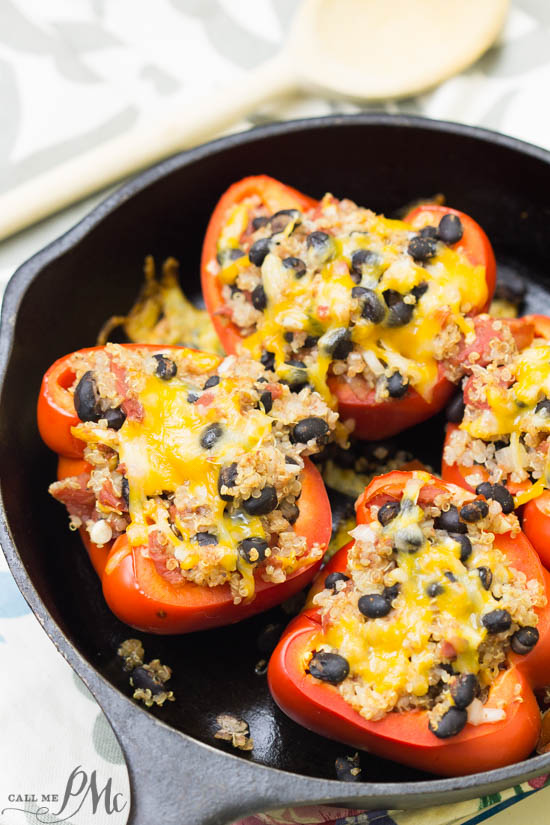 Southwestern Quinoa Stuffed Bell Peppers is a Tex Mex flavored healthy meatless entree recipe that's full of protein, vegetables, and grains.