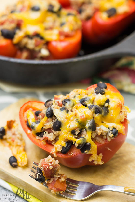 Southwestern Quinoa Stuffed Bell Peppers is a Tex Mex flavored healthy meatless entree recipe that's full of protein, vegetables, and grains.