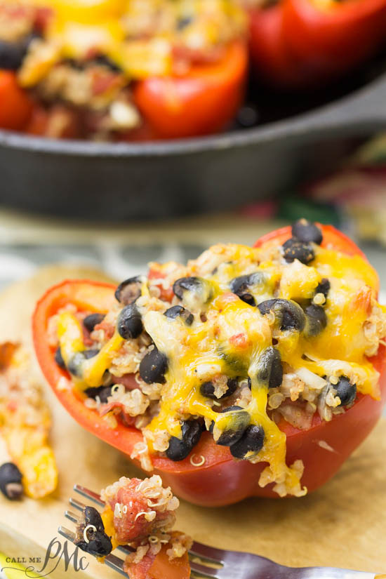 Southwestern Quinoa Stuffed Bell Peppers is a Tex Mex flavored healthy meatless entree recipe that's full of protein, vegetables, and grains. 