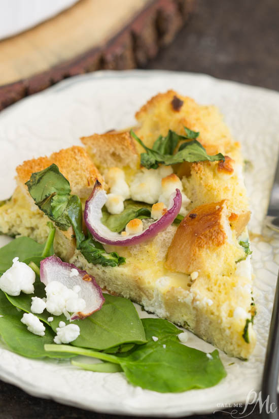 Spinach Goat Cheese Strata, basically a savory bread pudding, this recipe makes an excellent brunch or lunch with a salad. Spinach Goat Cheese Strata