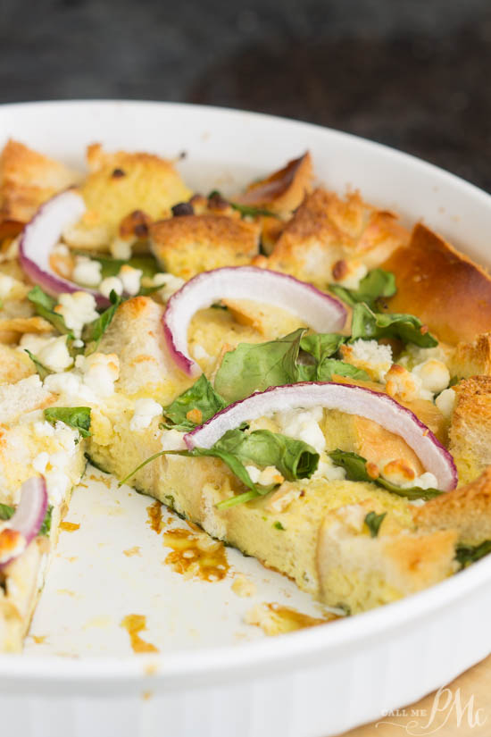 Spinach Goat Cheese Strata, basically a savory bread pudding, this recipe makes an excellent brunch or lunch with a salad. Spinach Goat Cheese Strata