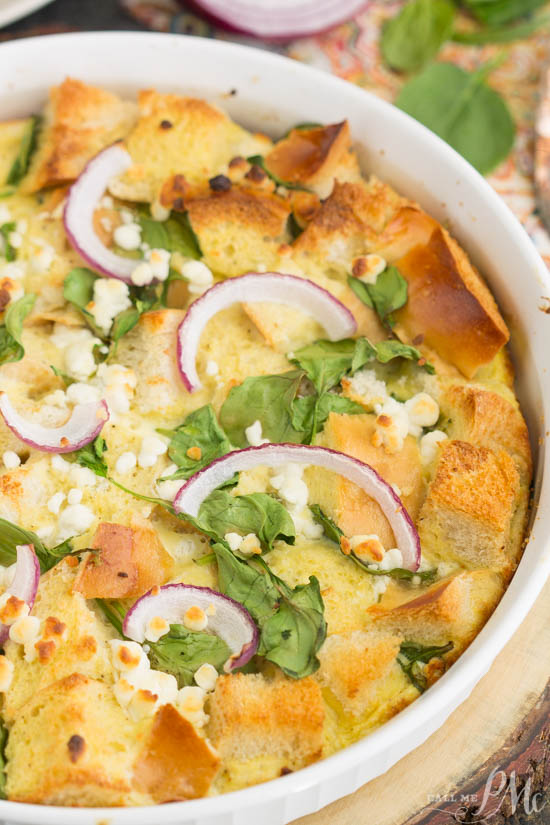 Spinach Goat Cheese Strata, basically a savory bread pudding, this recipe makes an excellent brunch or lunch with a salad. Spinach Goat Cheese Strata