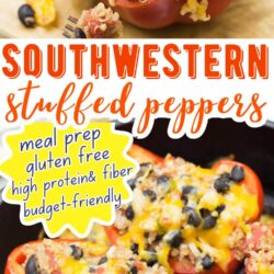 Red bell peppers stuffed with a savory mixture of rice, beans, corn, and cheese are shown baked to perfection and topped with melted cheese. Inspired by Southwestern Quinoa Stuffed Bell Peppers, this dish highlights "Southwestern stuffed peppers," meal prep convenience, gluten free ingredients, high protein & fiber content, and budget-friendly appeal.