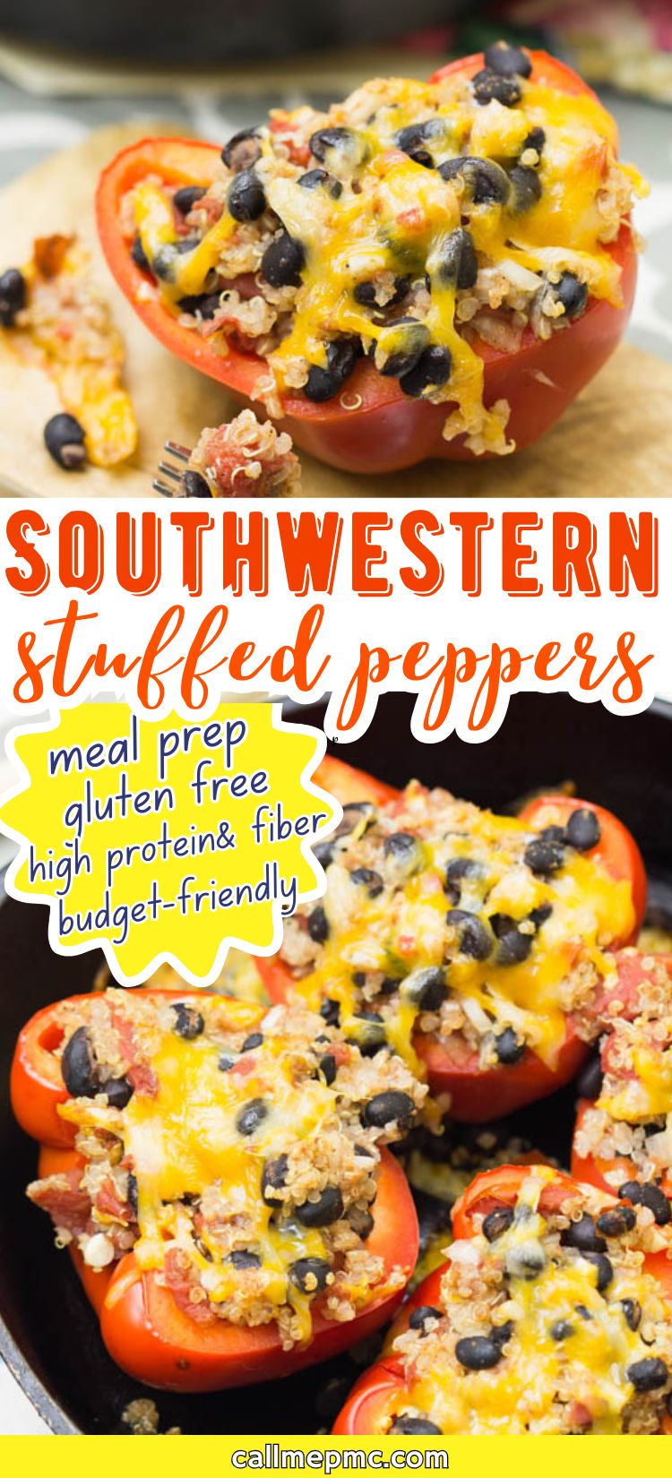 Red bell peppers stuffed with a savory mixture of rice, beans, corn, and cheese are shown baked to perfection and topped with melted cheese. Inspired by Southwestern Quinoa Stuffed Bell Peppers, this dish highlights "Southwestern stuffed peppers," meal prep convenience, gluten free ingredients, high protein & fiber content, and budget-friendly appeal.