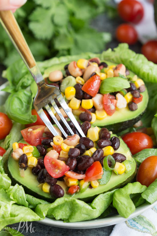 Nutritious, Salad. Vegetarian. Black Eyed Pea Salad Stuffed Avocados, avocados make the perfect 'bowl' for a nutritious, vegetarian salad recipe. Stuff your favorite salad ingredients or salsa in an avocado for a light lunch or easy side.