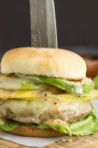 Perfect, thick, juicy, Caribbean Teriyaki Turkey Burger with Kickin' Mayonnaise 