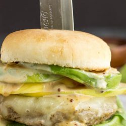 Perfect, thick, juicy, Caribbean Teriyaki Turkey Burger with Kickin' Mayonnaise