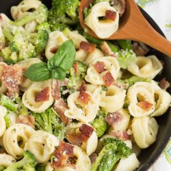 20 Minute Tortellini Pasta Carbonara. Bacon and broccoli are tossed with tortellini pasta and a light cream sauce for a scrumptious quick and easy meal.