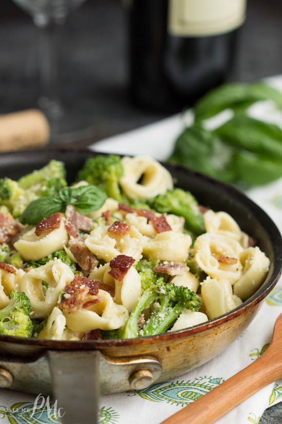 20 Minute Tortellini Pasta Carbonara. Bacon and broccoli are tossed with tortellini pasta and a light cream sauce for a scrumptious quick and easy meal. 