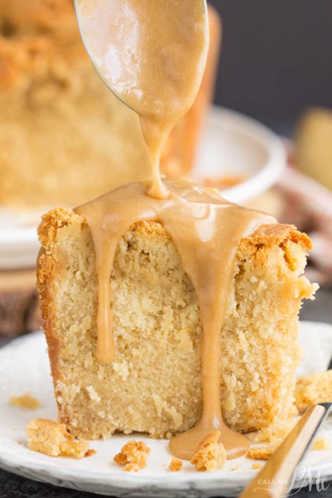 slice of cake with caramel dripping down