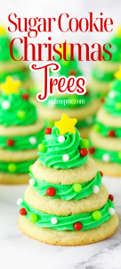 Three stacked sugar cookies decorated with green icing, colorful round sprinkles, and a yellow star on top create creative and fun Christmas cookies that resemble a festive Christmas tree.
