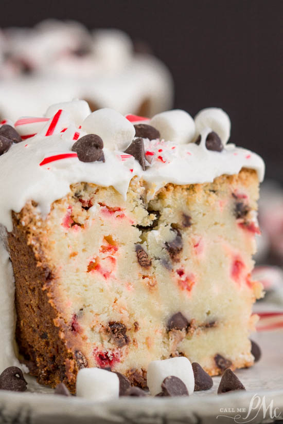 A festive Christmas cake, Crusty Candy Cane Chocolate Chip Pound Cake, will have your guests raving for more! #cake #poundcake #poundcakepaula #dessert #recipe #Southern #classic #easy #chocolatechip #peppermint #candycane #Christmas #holiday #holidaycake