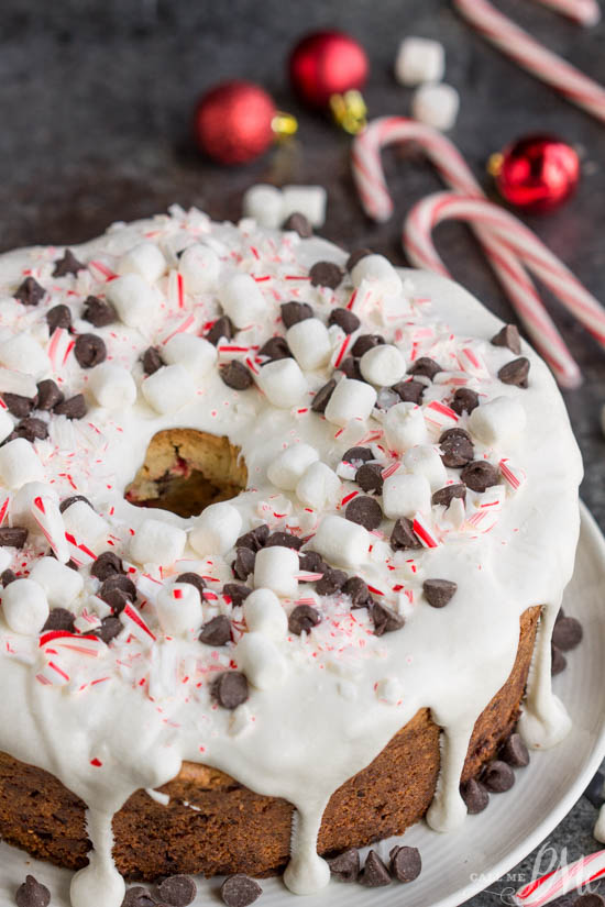 A festive Christmas cake, Crusty Candy Cane Chocolate Chip Pound Cake, will have your guests raving for more! #cake #poundcake #poundcakepaula #dessert #recipe #Southern #classic #easy #chocolatechip #peppermint #candycane #Christmas #holiday #holidaycake