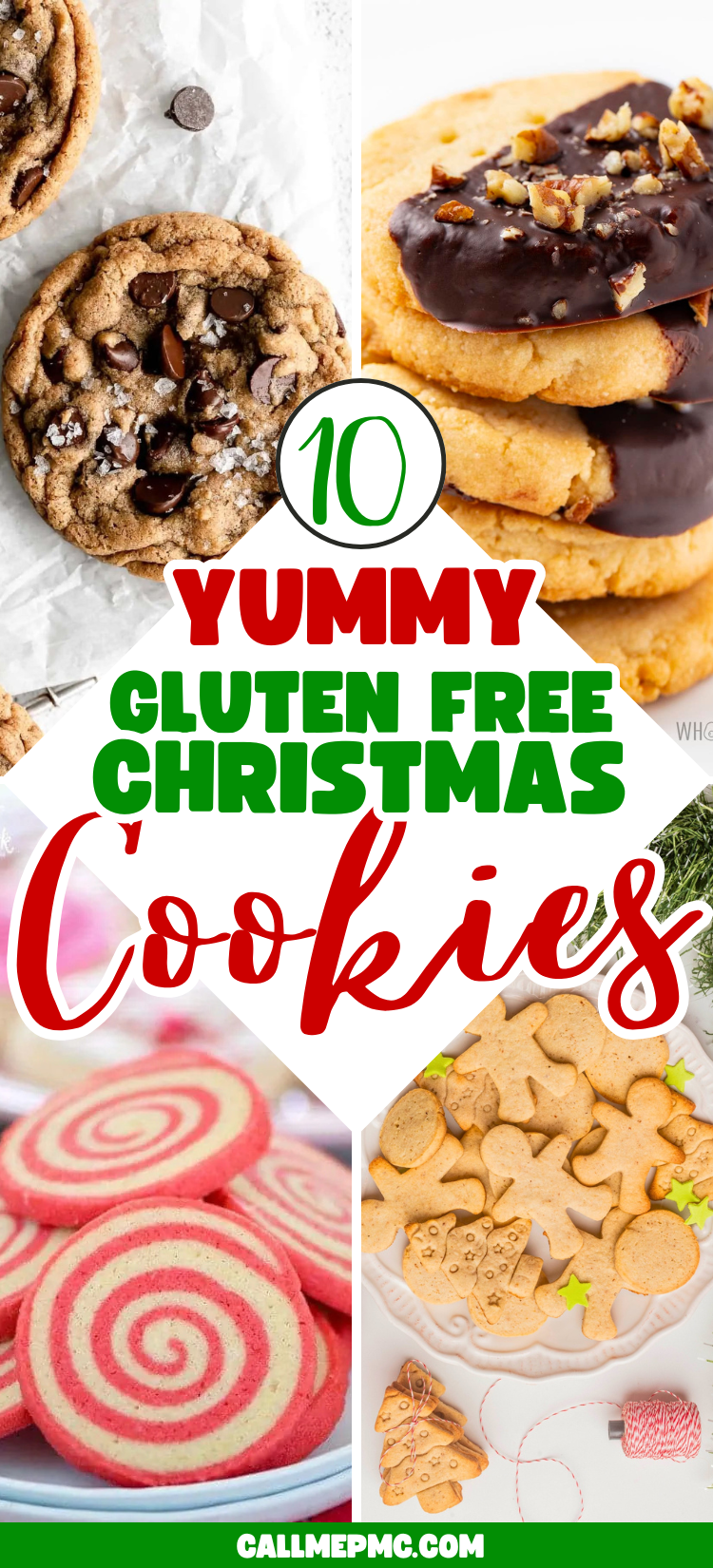 A collage of delicious 10 Gluten Free Cookies for Christmas, featuring chocolate chip, chocolate-dipped, pinwheel, and gingerbread shapes with text: "10 Yummy Gluten Free Christmas Cookies.