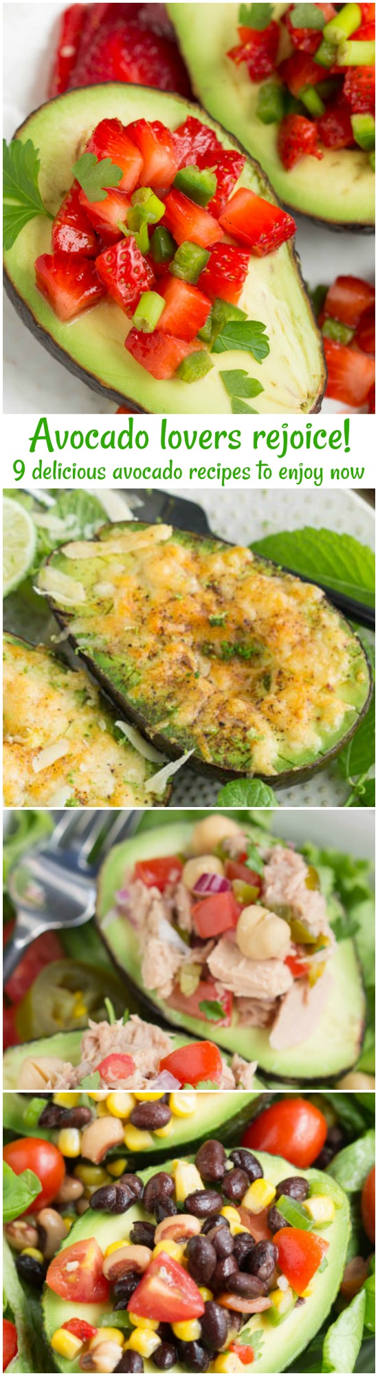 Everyone wants to start the year healthy and happy. To help you with your goals I collected 9 Favorite Avocado Recipes for a Healthy New Year! Avocado Recipes collage of different recipes with avocado.
