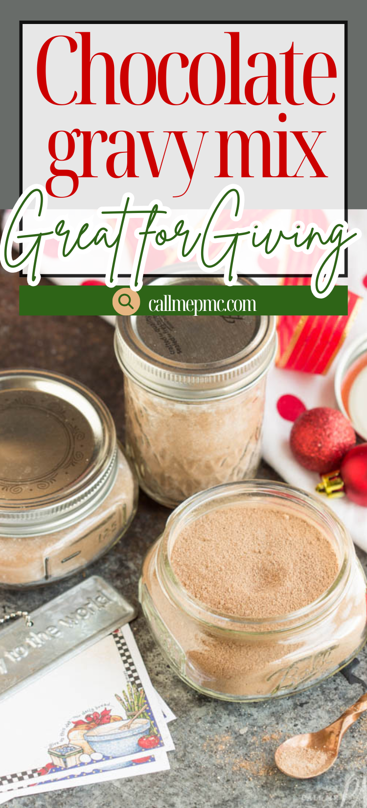 Jars filled with chocolate gravy mix gift are displayed on a countertop with a spoon, strawberries, and printed recipe cards nearby.